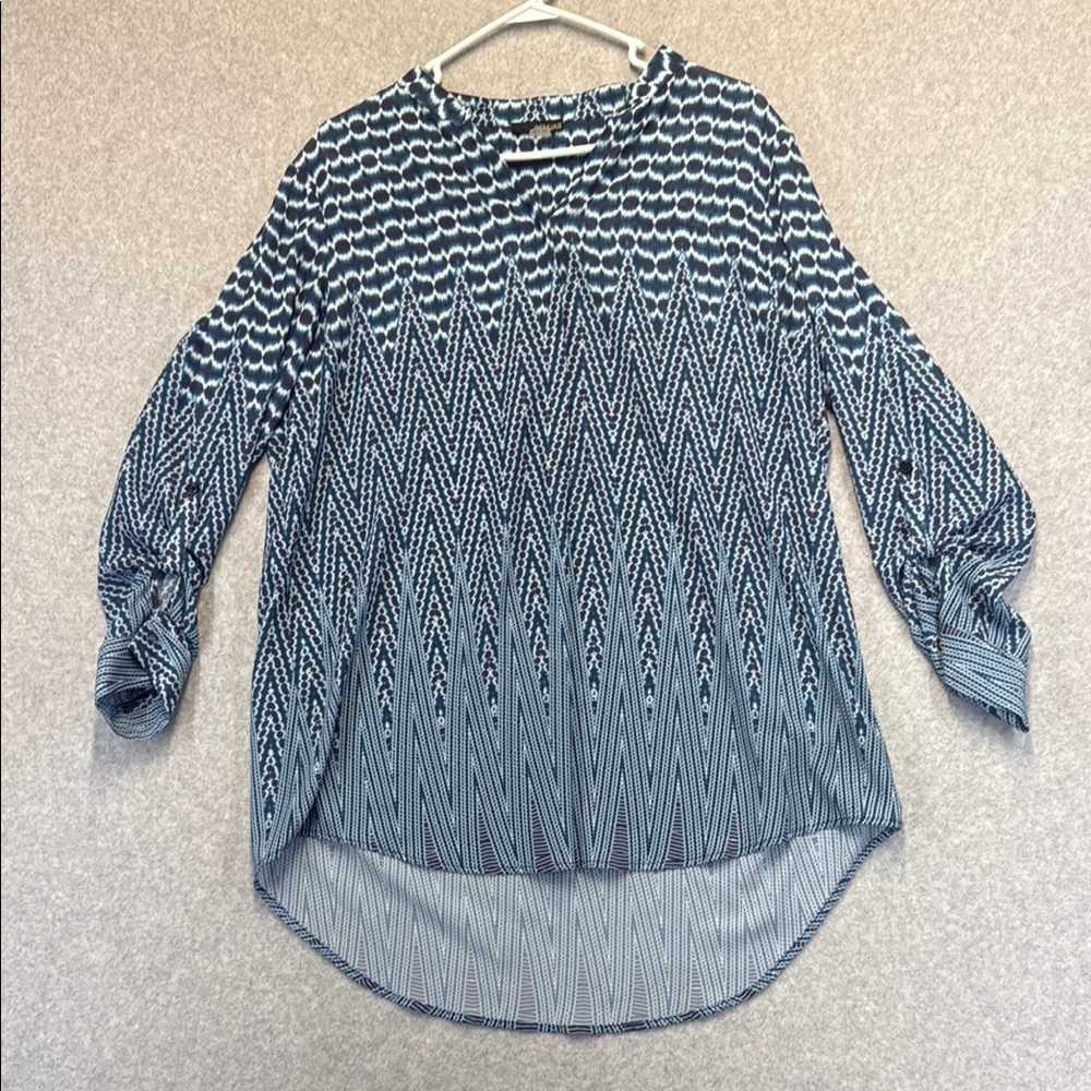 Renuar Blue and White Graphic Blouse with Mandarin Collar